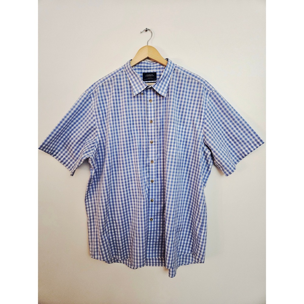 Charles Tyrwhitt Mens XXXL Blue Gingham Non‎ Iron Short Sleeve Shirt Classic Fit